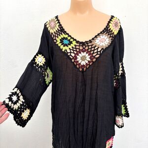 Boho Swim Cover Up Dress Medium Gauzy Granny Square Tunic Top Crochet Indie